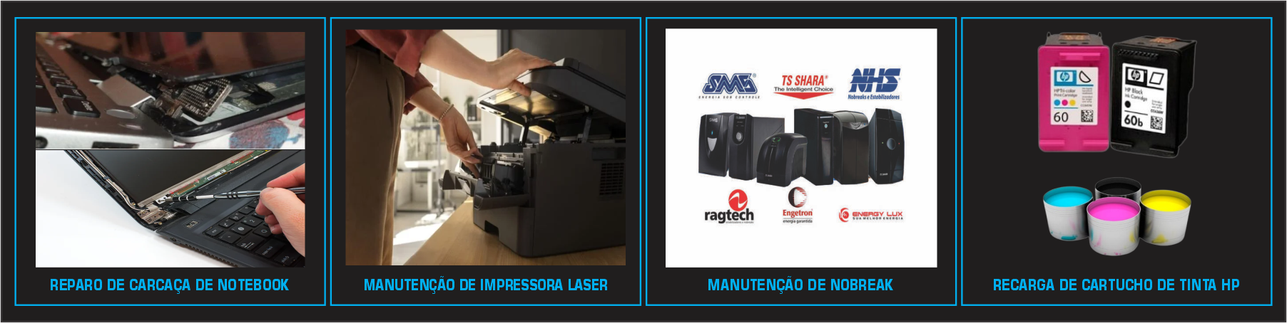 Central informática BH - Reparo de carcaça de notebook, manutenção em impressora laser e jato, manutenção nobreak, recarga de cartucho de tinta HP.